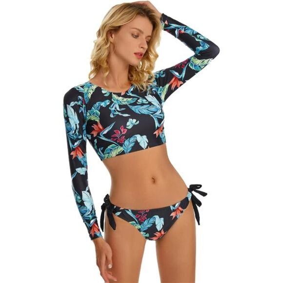 Women's Long Sleeve Rash Guard Swim Shirt Tankini Set UPF 50+ Quick-Dry - Picture 5 of 7